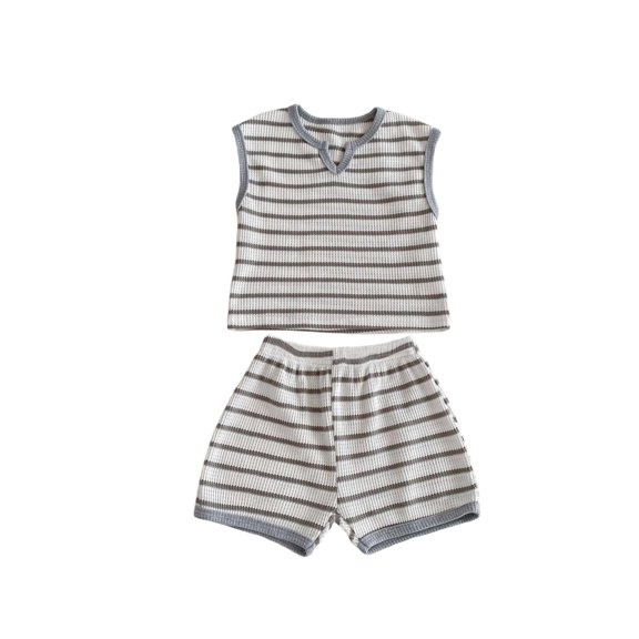 HXWCHs Toddler Baby Boy Summer Outfits 2 Piece Striped Sleeveless Tops and Elastic Waist Shorts Set Casual Outdoor Wear Suit Size: 7-8 Years Grey