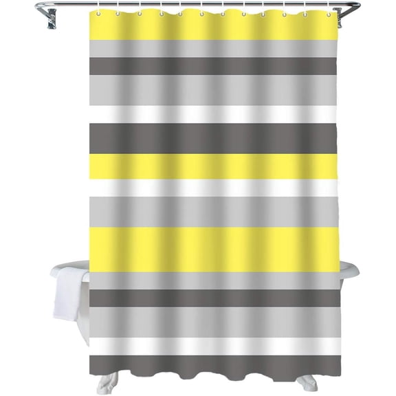 Fabric Shower Curtain for Bathroom, Yellow Grey Stripes, Custom Shower Curtain Set with Hooks, Luxury Bathroom Curtains, Ombre Geometric Waterproof Polyester Bathroom Accessories, 72x84inch