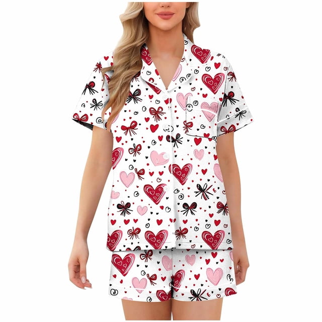 Blusa de Manga Corta Impresión de Botón de Vuelta Casual con Pantalones Cortos Conjunto para el Verano, Traje de Moda de Mujer