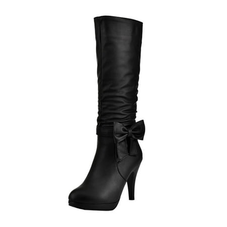 

Quealent Adult Women Shoes High Heel Boots for Women Women Ladies and Knee Long Boots Bows Thick Heel High Heeled High Boots Womens Knee High Boots Black 6.5