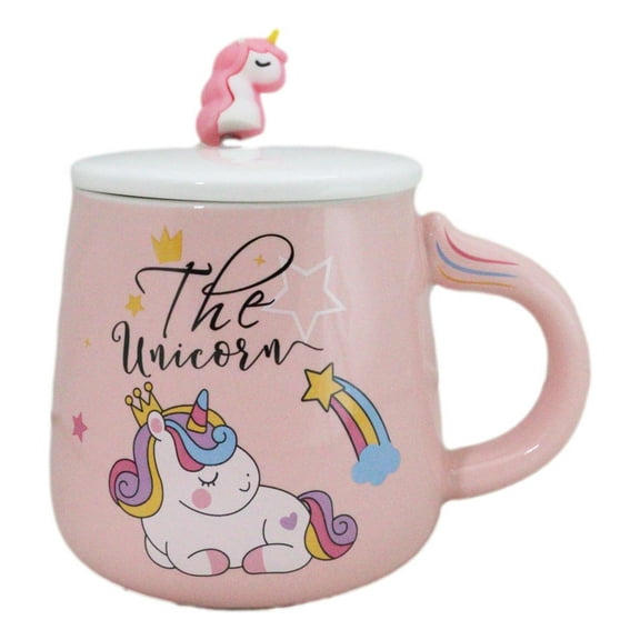 Pastel Pink Whimsical Unicorn Rainbow Shooting Star Mug With Spoon And Lid