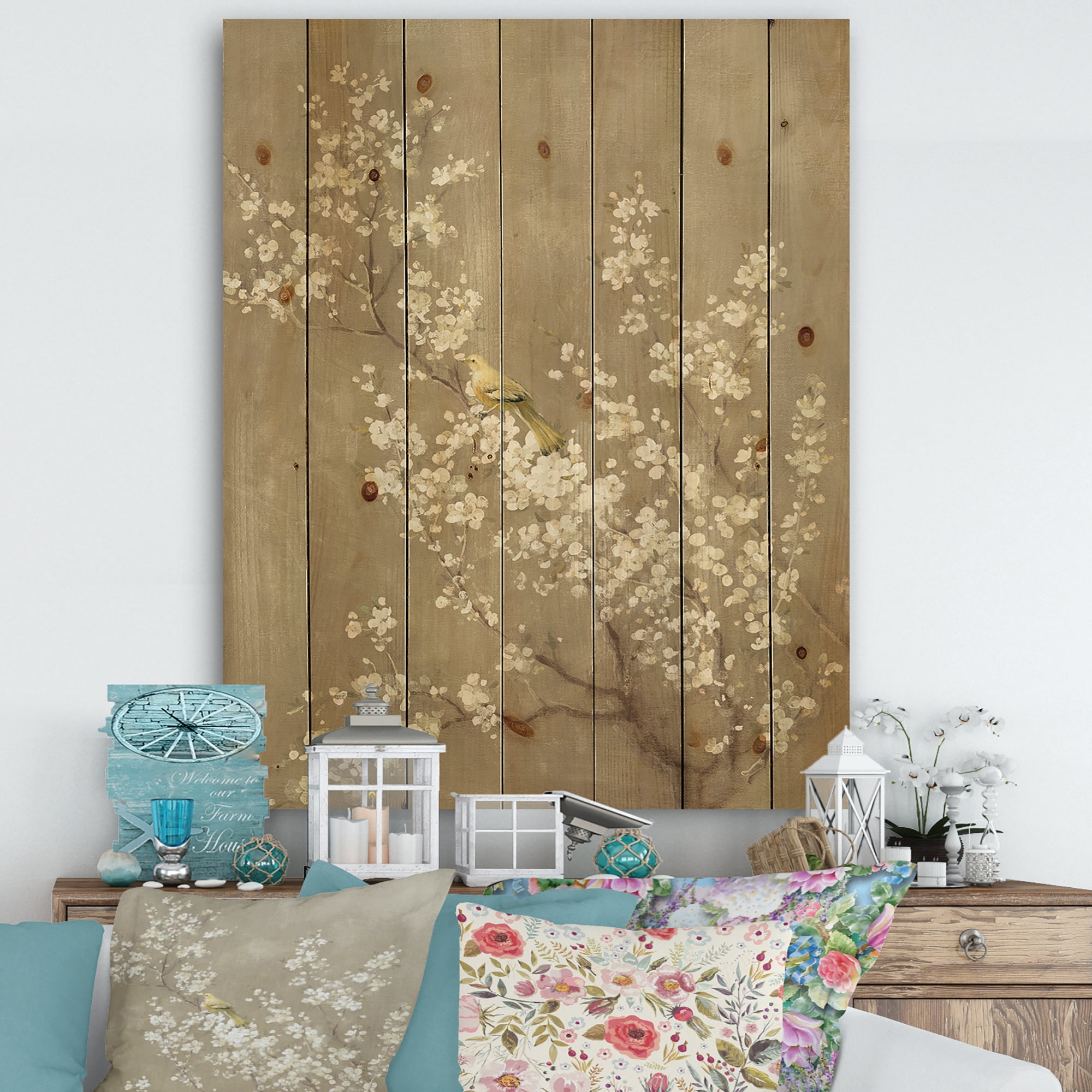Designart 'White Cherry Blossom III' Farmhouse Print on Natural Pine Wood