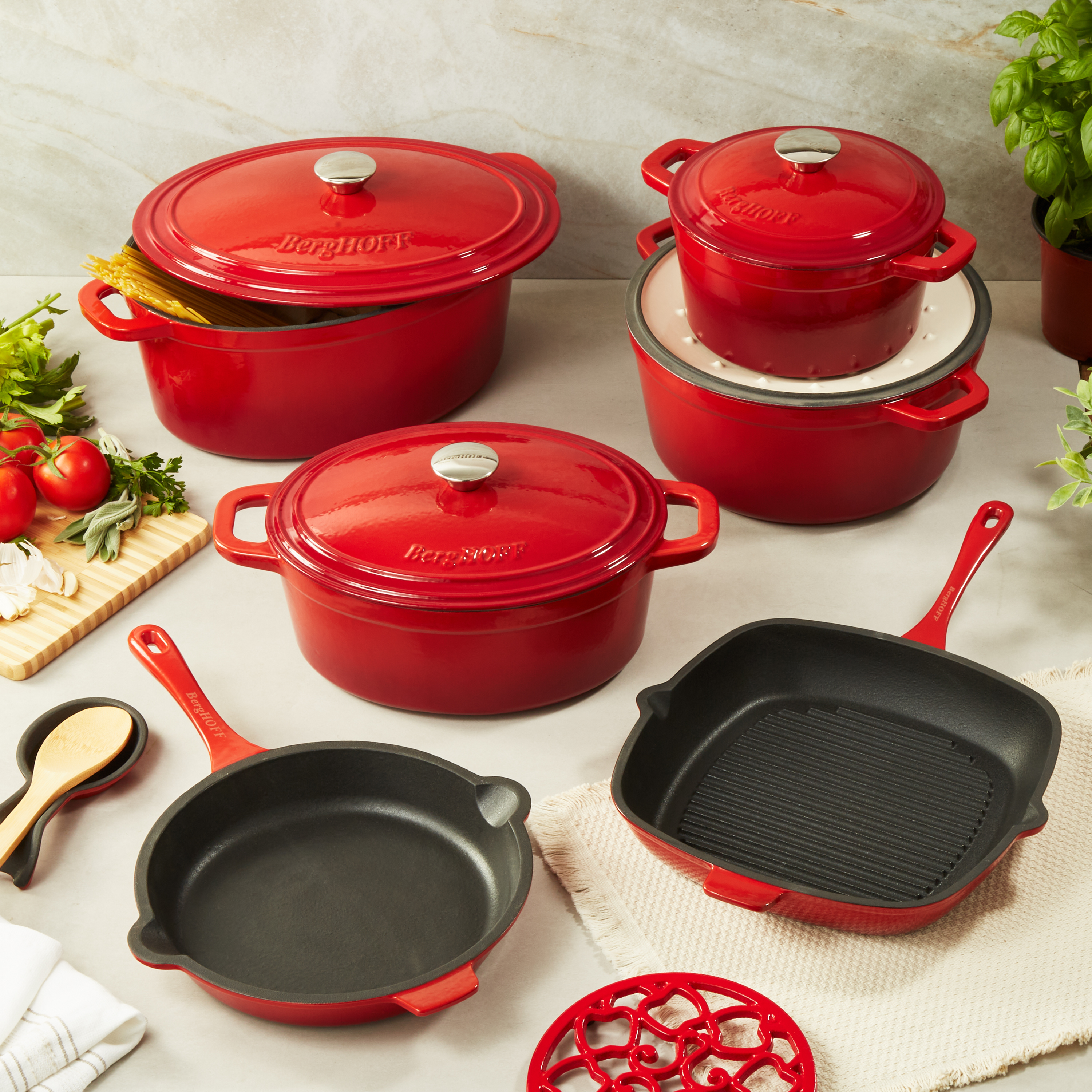 BergHOFF Neo Cast Iron Square Grill Pan 11", Red