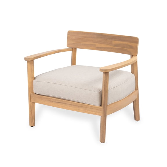 Outdoor Acacia Wood Club Chair With Beige Cushion Curved Backrest Ergonomic Seating For Patio Garden Corrosion-Resistant Easy Assembly