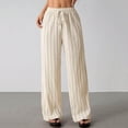 thumbnail image 5 of Miluxas Women's Striped Drawstring Wide Leg Pants Elastic High Waist Loose Casual Trousers with Pockets Soft Breathable Daily Outings Pants Beige, 5 of 8