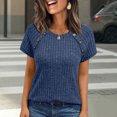 thumbnail image 2 of Tops de Mujer, Manga Corta Sólida Cuello Redondo Botón Arriba Blusa Casual de Negocios, 2 of 9