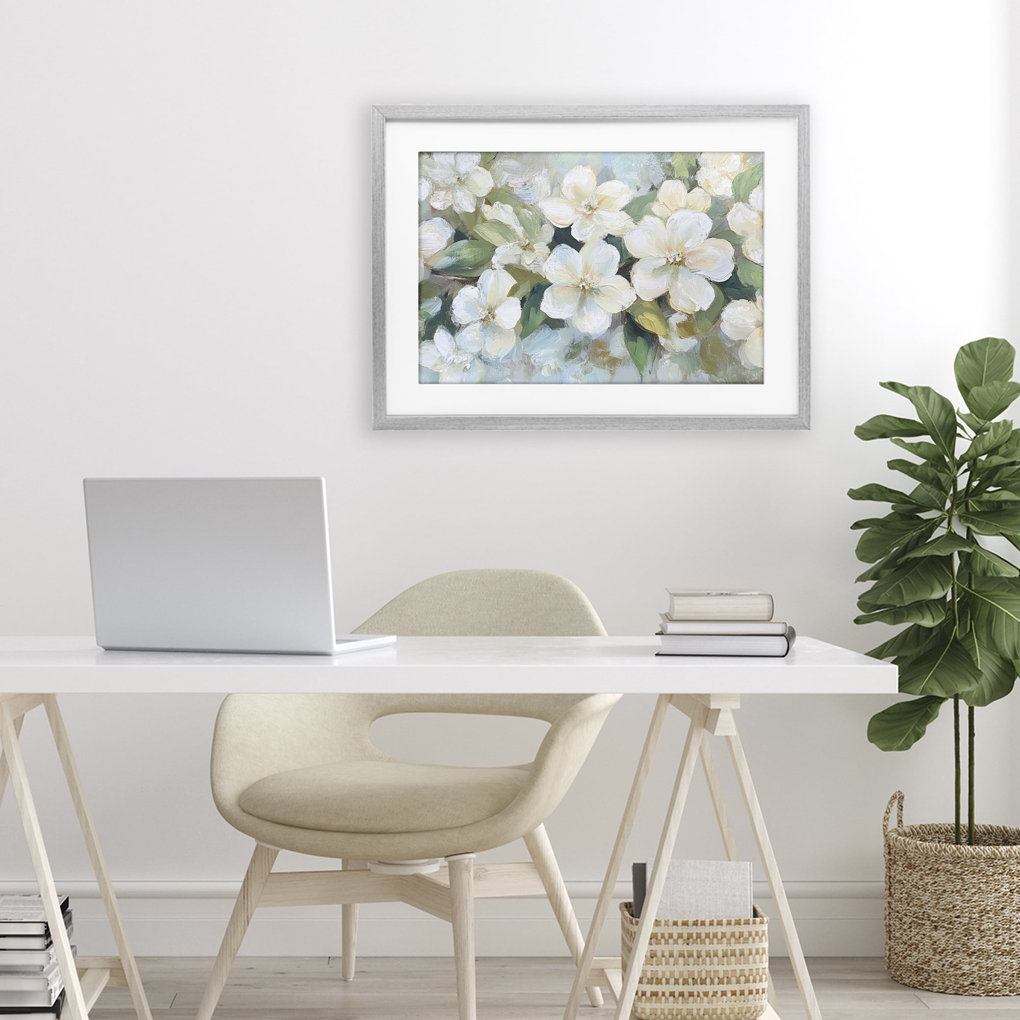 Stupell Industries Painted White Flowers in Leaves Gray Framed Print Under Glass, design by Petal Prints Design