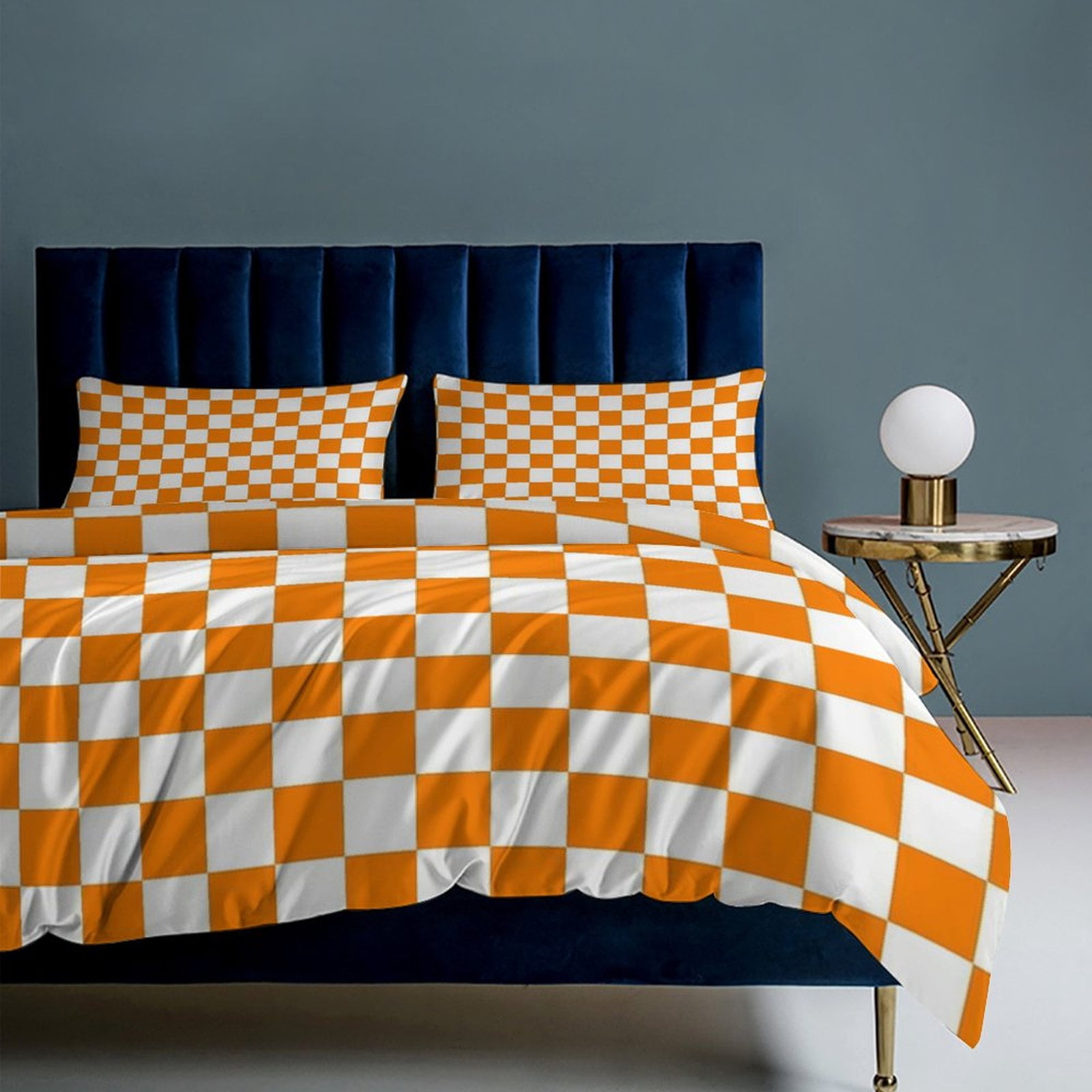 3 Pcs Soft Bedding Set, Includes 1 Duvet Cover with Zipper And 2 Pillow Shams,Orange And White Check Queen(90"×90")