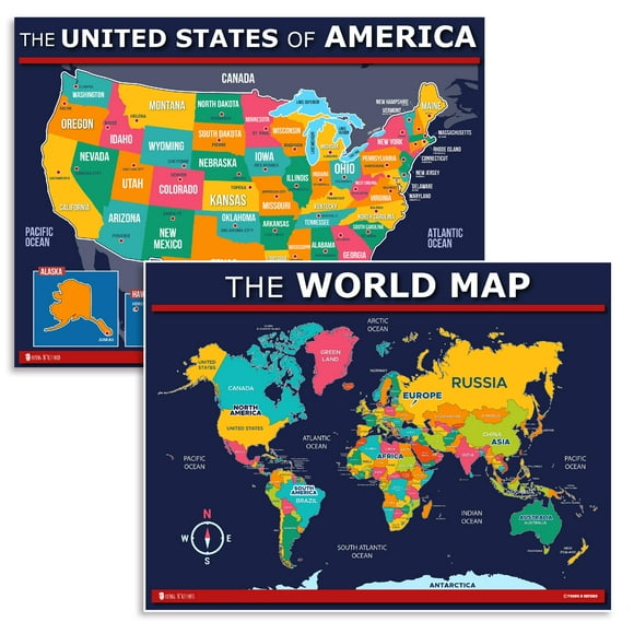 USA and World map Poster 2 Pack for Kids Laminated Blue (Updated Fixed V2.0) Young N Refined (18x24)