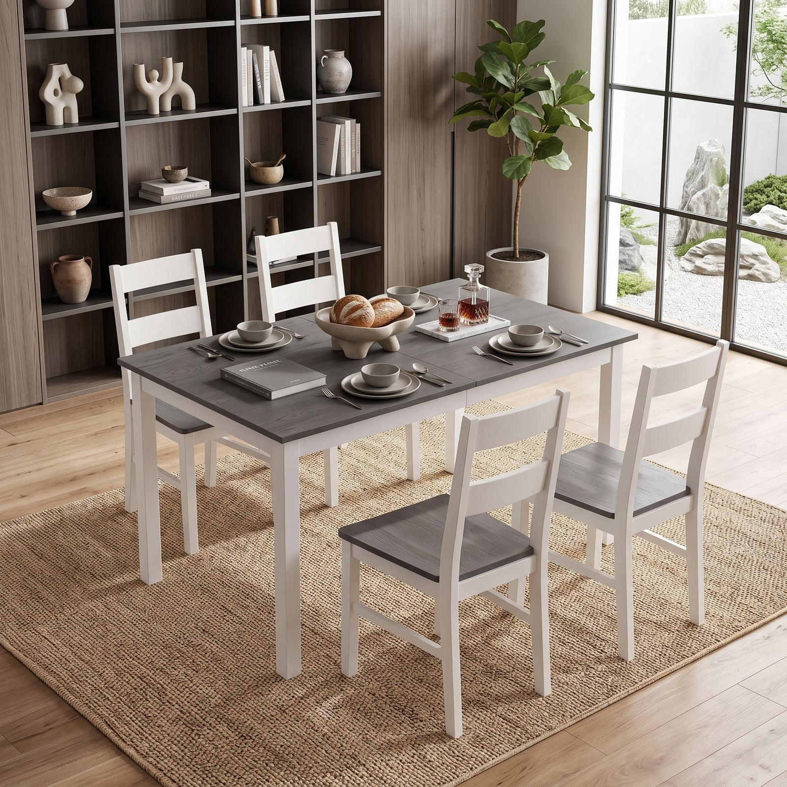 Furnibear 60 Inch Rectangular Dining Table for 6, Kitchen Dinner Table with Solid Rubber Wood Legs and Spacious Wood Grain Tabletop for Dining Room Restaurant, Gray