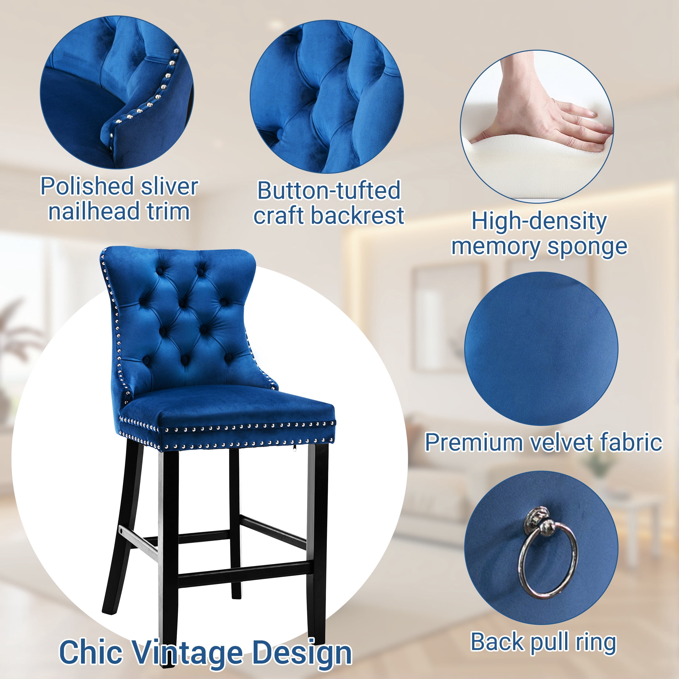Paproos Upholstered Bar Stools Set of 2, Velvet Barstools with Wood Legs and Tufted, Modern Leisure Counter Height Bar Chairs with Chrome Nailhead Trim for Home Pub and Kitchen Island, Blue