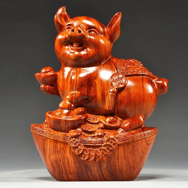 Solid wood pig figurine, living room TV cabinet, home decoration, craft gift, rosewood carving, lucky pig, zodiac pig, pure wood.