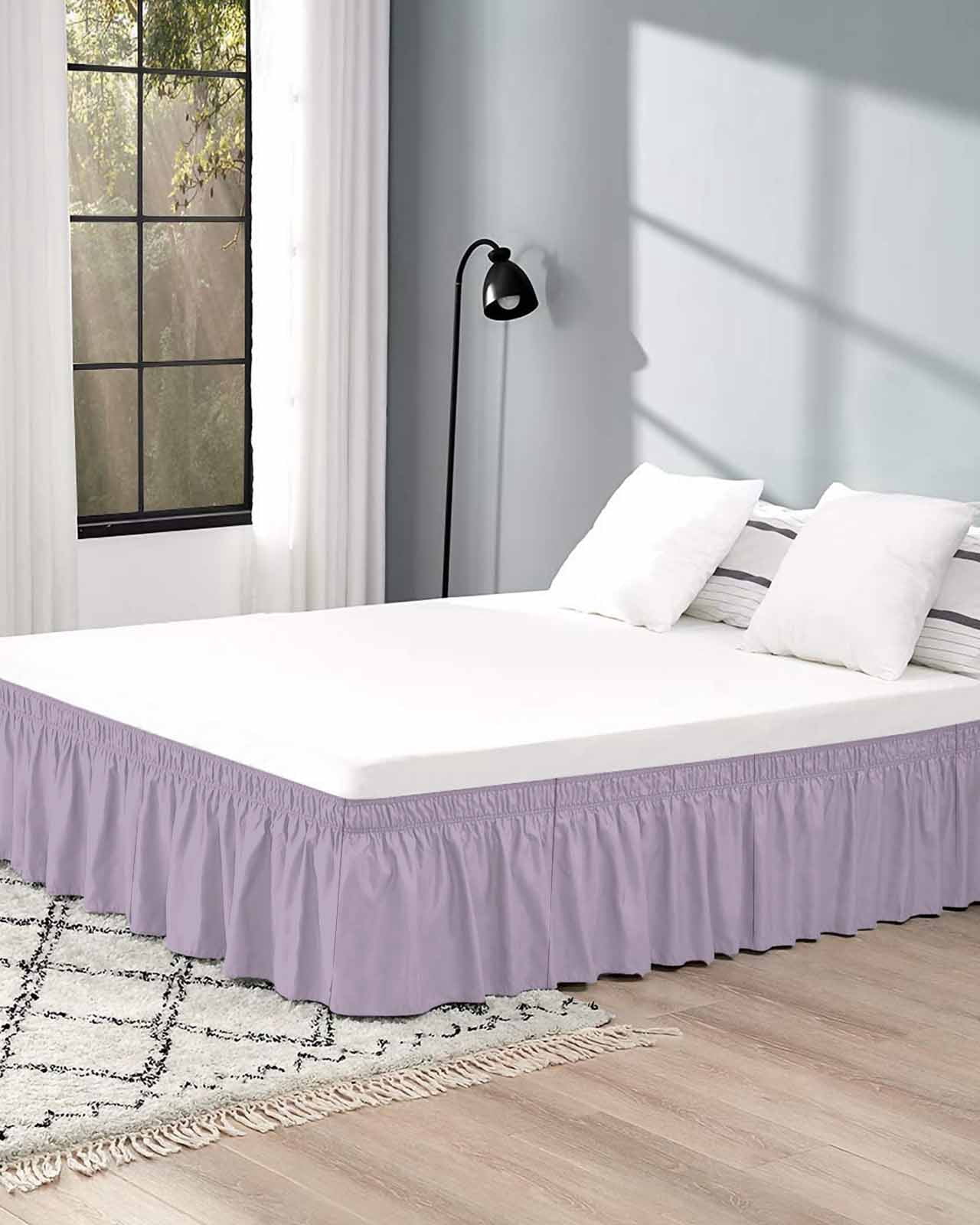 Purple Solid Color Bed Skirt Queen Size 16 Inch Drop, Wrap Around Bed Skirts, Aesthetics Contemporary Luxury Elastic Bedskirt Pleated Bed Frame Cover Luxurious Dust Ruffle for Queen Bed