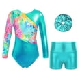 thumbnail image 6 of Raenseen Girls Ballet Suit Sleeveless Leotard + Shorts + Hair Band Gymnastics Training Workout Blue Green 14, 6 of 9