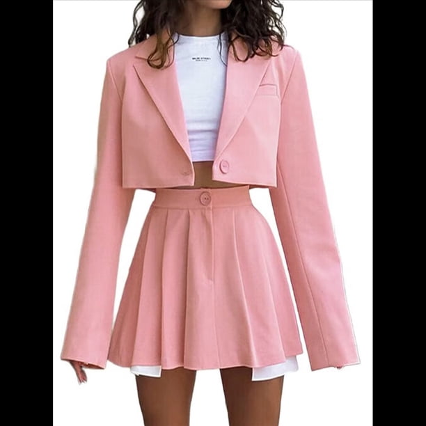 Conjunto de 2 Piezas para Mujer, Chaqueta y Falda Corta, Cuello de Solapa, Informal, Larga, Botones, para Oficina, Otoño Rosa L