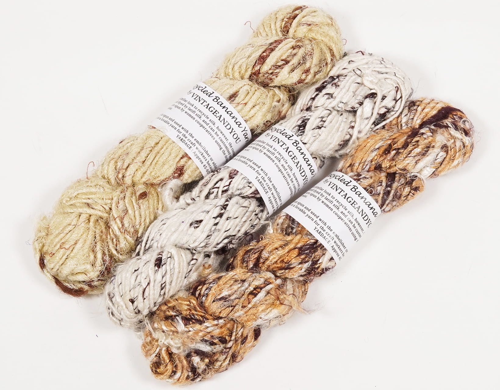 Vintageandyou 300g Recycled Banana Silk Yarn Skein - Pack of 3 | Natural Color Hand-Spun Viscose Banana Fiber Yarns for Knitting, Art Weaving & DIY Crafts - Soft Textured Yarn (Natural)