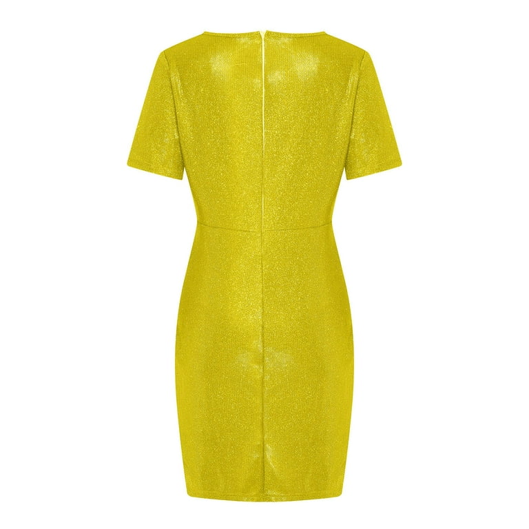 Zpanxa Womens Dress Fashion Sexy V-neck Hip Irregular Short-sleeved Sequin  Skirts for Women Yellow Dress 