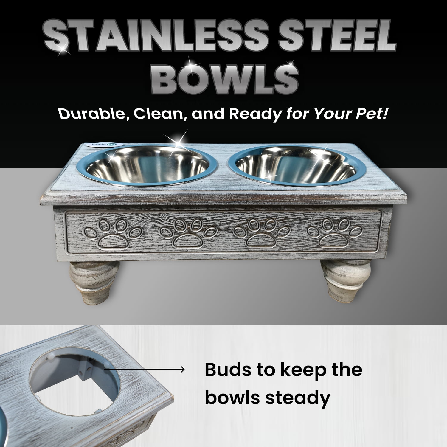 Iconic Pet Raised Wooden Pet Double Diner with Stainless Steel Bowls - Antique Gray - Medium