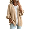 thumbnail image 2 of thefmos Women's Open Front Long Sleeve Knit Cardigan Ruffle Sleeves Solid Color Casual Outerwear Fashion Spring Fall Outfit, Khaki XL, 2 of 6