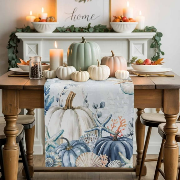White Pumpkin Cotton Linen Table Runner, Washable Table Runners for Kitchen, Dining Room, Holiday, Home Party Table Decor, 13x90 Inches