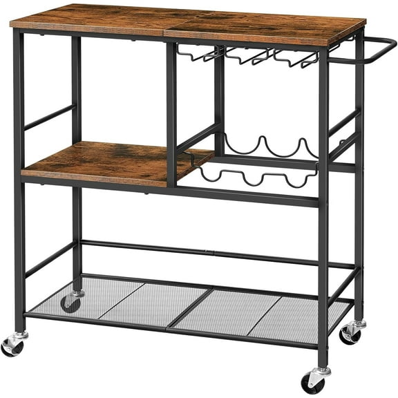 Bar Cart for The Home, 29.5 inches 3-Tier Serving Cart with Wheels, Rolling Kitchen Cart with Wine Rack and Glass Holder for Living Room, Party, Bar, Rustic Brown and Black