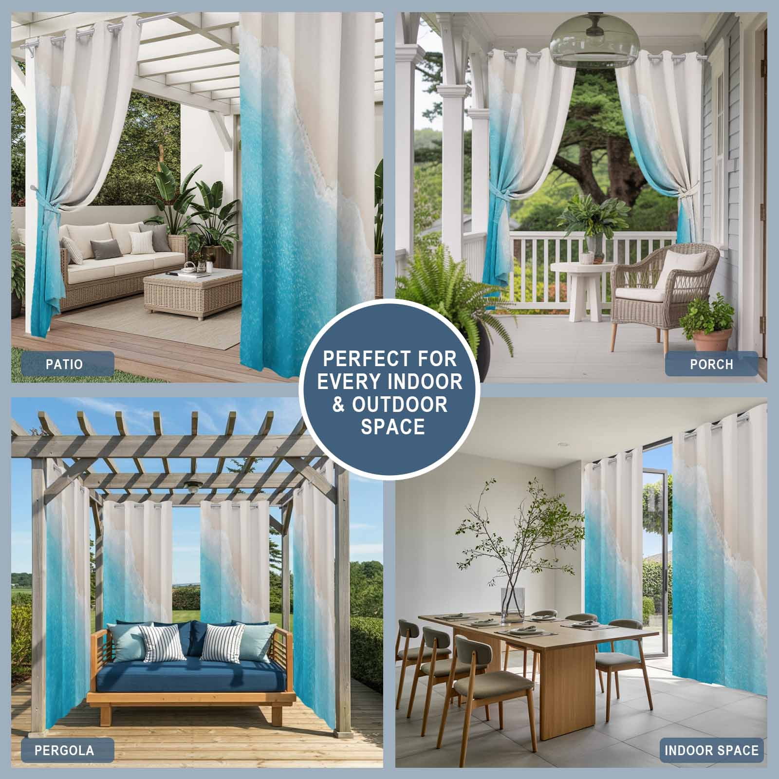 Summer Beaches Outdoor Curtains for Patio, Casual Oceans Artistic Sea Waves Coastal Landscape Sunshade Privacy Drapes Grommet Waterproof Outside Curtains for Porch/Cabana/Balcony 54"x 108", 1 Panel