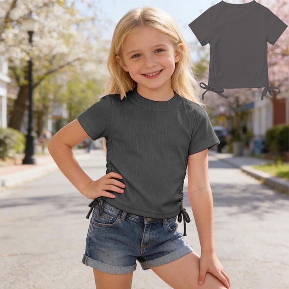Tween T Shirts for Girls Dark Gray Top Slim Fit Side Drawstring Shirts for Girls 12-13 Years