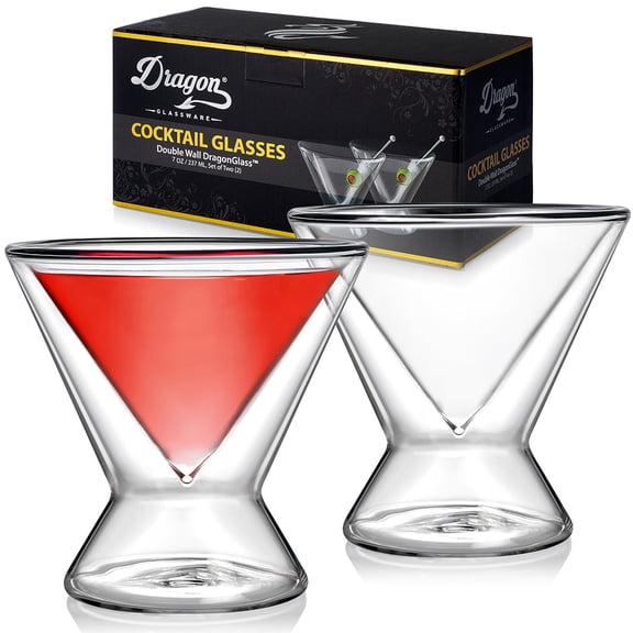 Dragon Glassware 7 oz Double Wall Insulated Stemless Martini Glasses Clear Set of 2