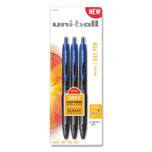 New uni-ball 307 Gel Pen, Retractable, Medium 0.7 mm, Blue Ink, Blue Barrel, 3/Pack,Each