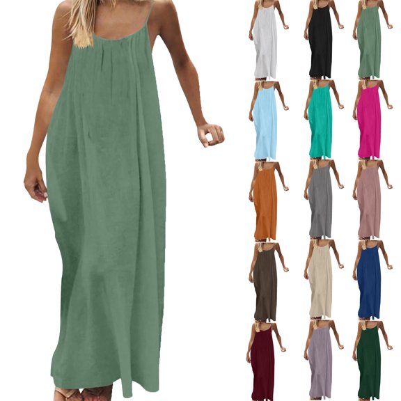 Bmawag Dresses for Women Fashion Plus Size Crew Neck Solid Color Sleeveless Summer Beach Maxi Dress