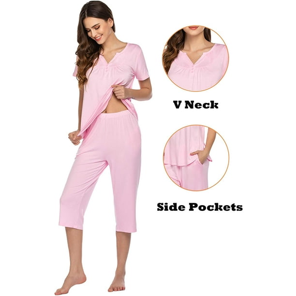 HTAIGUO Women's Pajama Set Short Sleeve Sleepwear Pjs Set for Women Capri  Pajama Sets Nightwear Button Sleepwear Set 