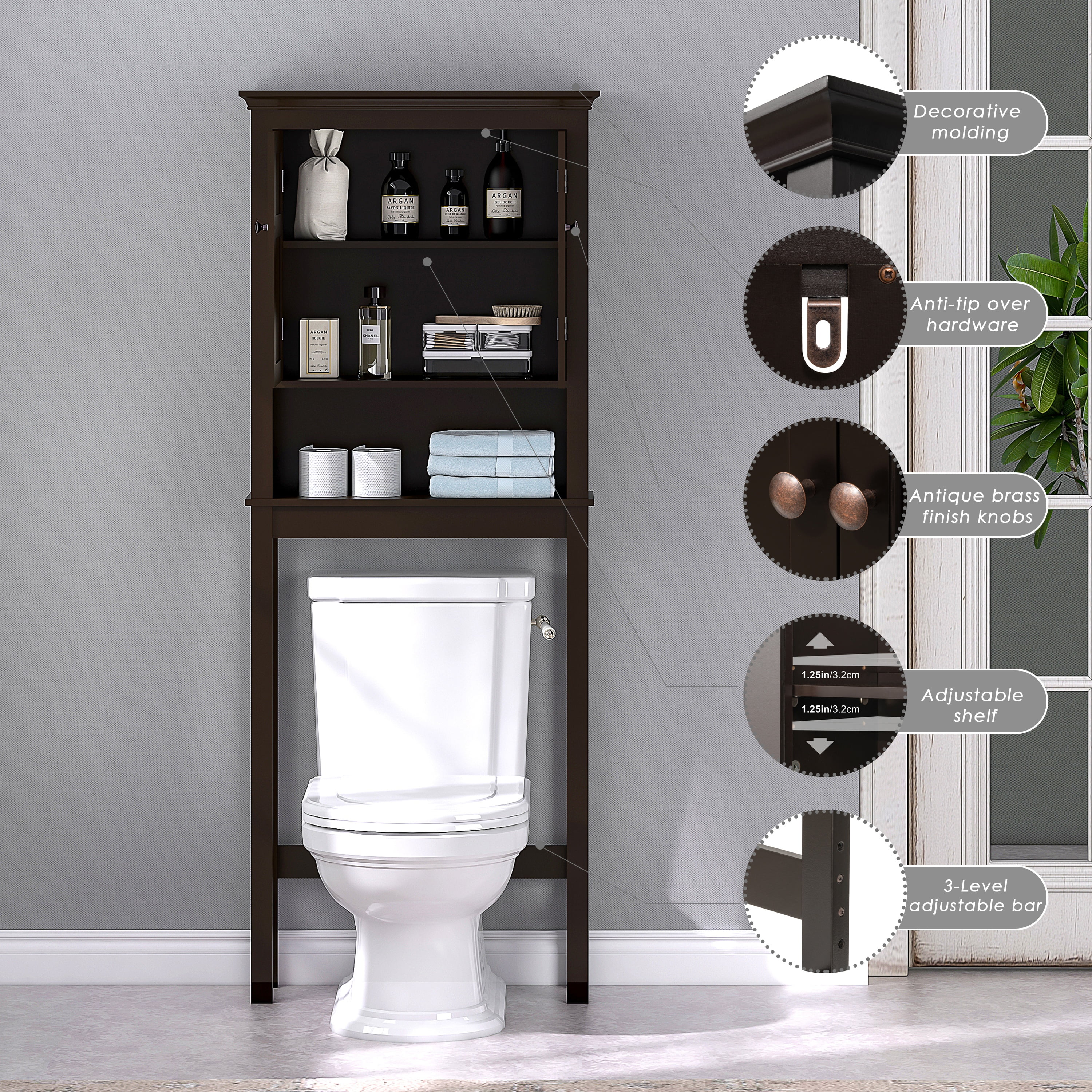 STAROUS Bathroom Storage Over The Toilet, Bathroom Cabinet Organizer with Adjustable Shelves, Bathroom Space Saver for Bathroom, Espresso