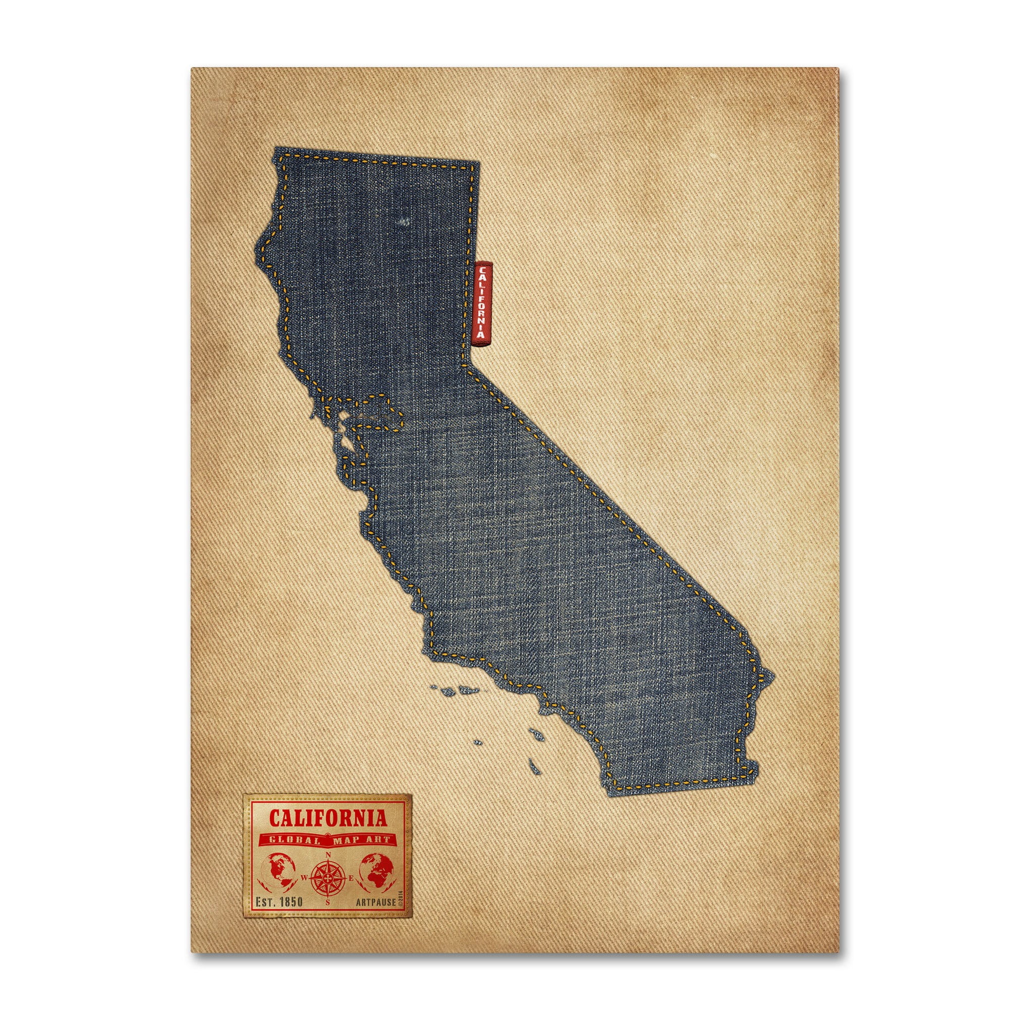 Trademark Fine Art "California Map Denim Jeans Style" Canvas Art by Michael Tompsett