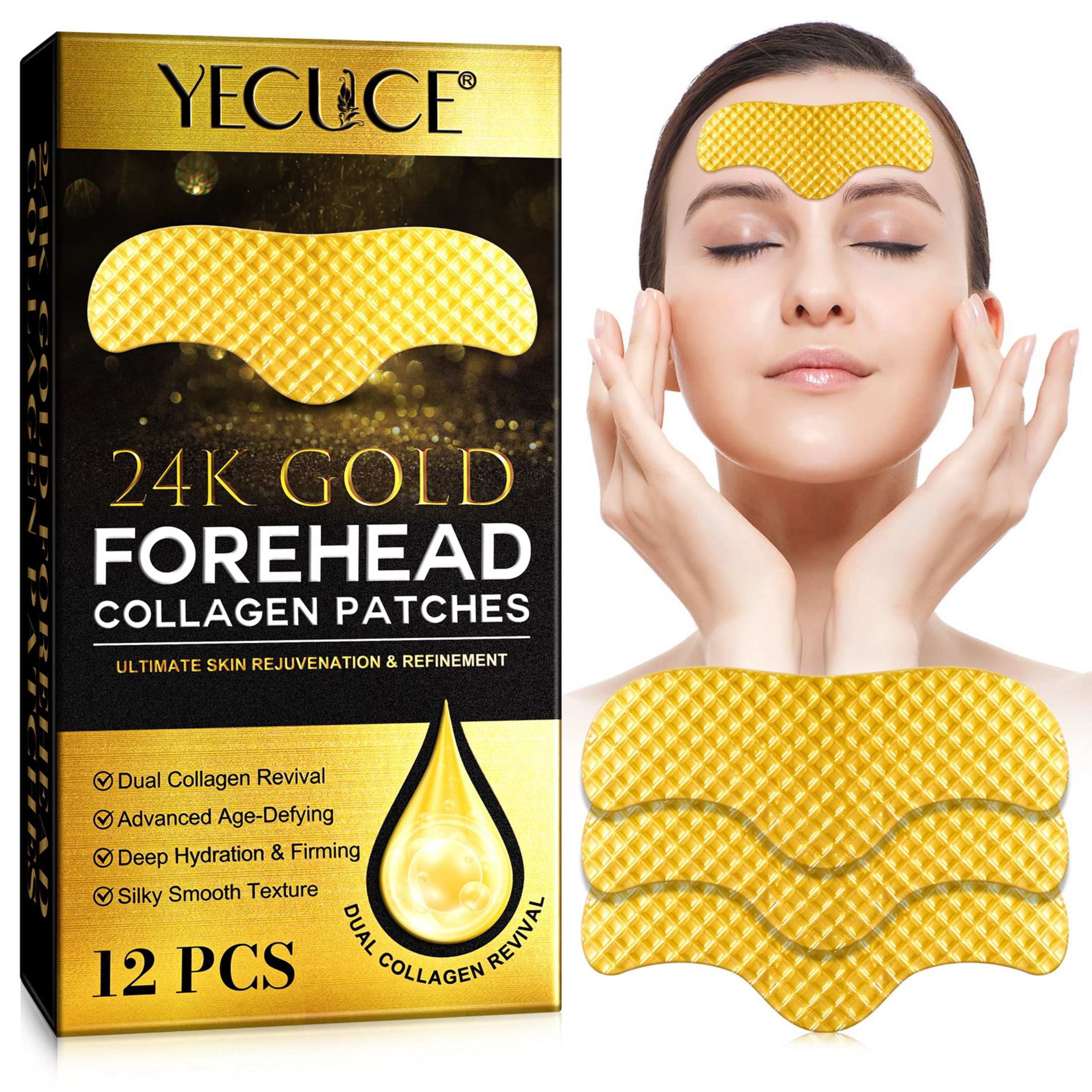 Yecuce 3-Pack 24k Forehead Wrinkle Patches, Collagen Lines Mask with Collagen Boosting Elasticity for Women and Men