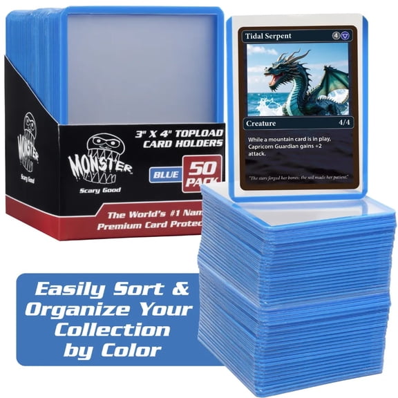 Monster Top Loaders for Trading Cards - 50 Count 3x4" Clear Hard Plastic Protector (Blue Border) - Sort Your Cards by Color- Compatible w MTG, Magic Gathering, Yugioh, Sports