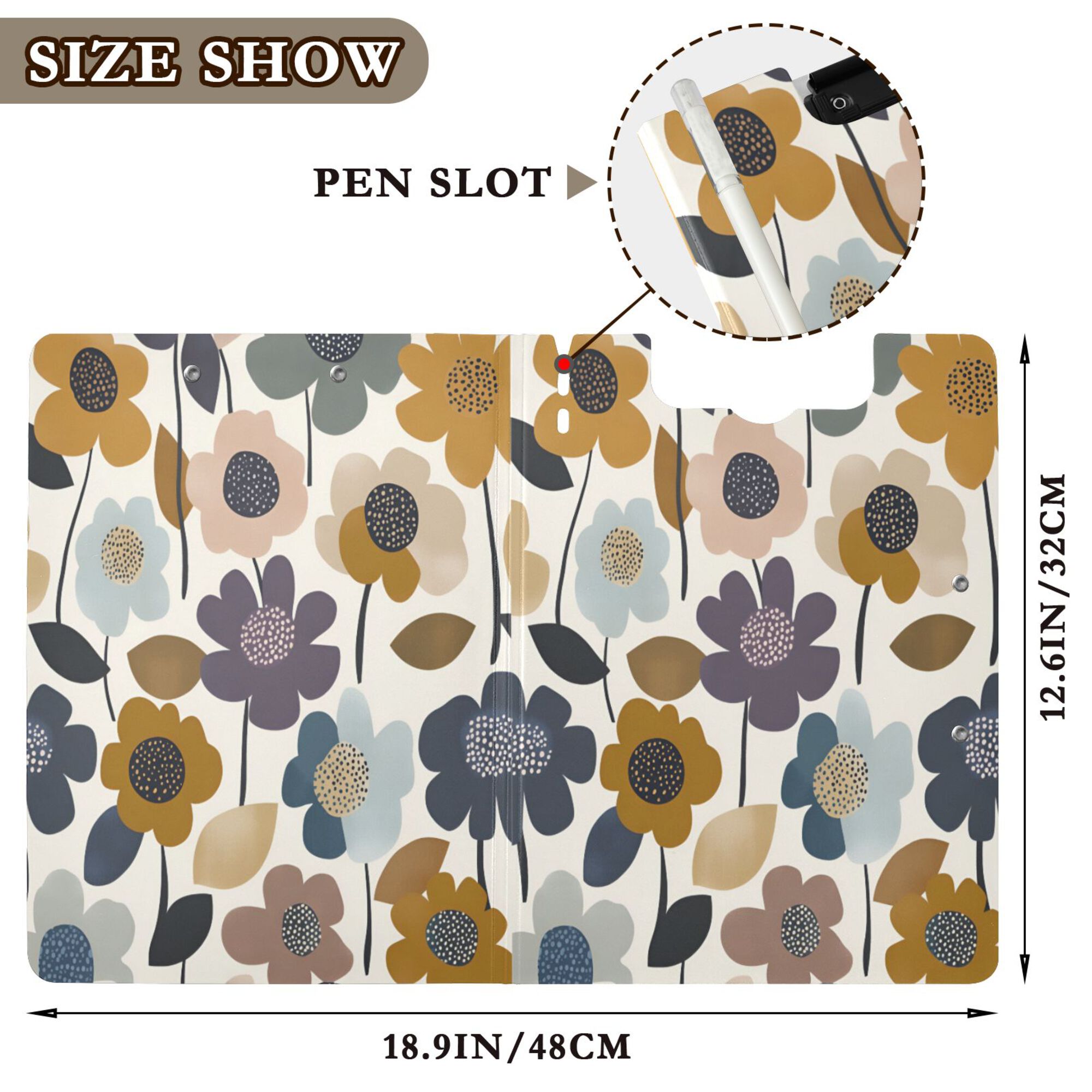 FORMRS A4 Clipboard Folder with Pen Holder Horizontal Foldable School Office Binder, Colorful Floral