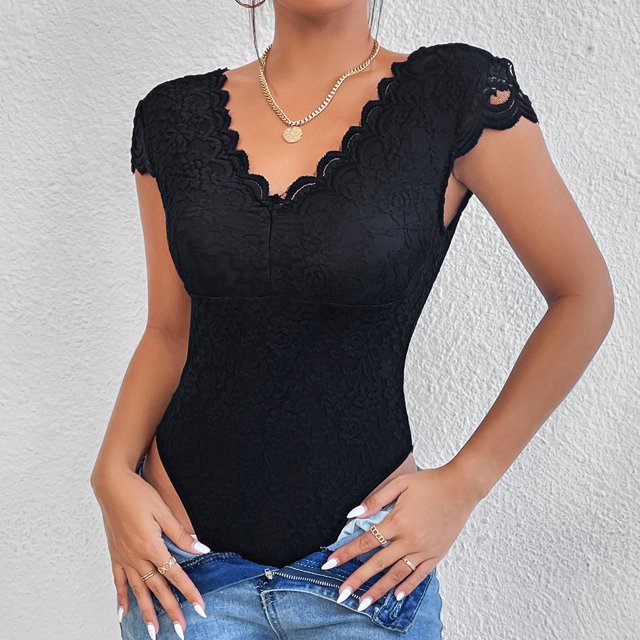 Mefallenssiah Femmes de Couleur Unie Dentelle Perspective Profonde V Backless Conception Sens une Seule Pièce Collants