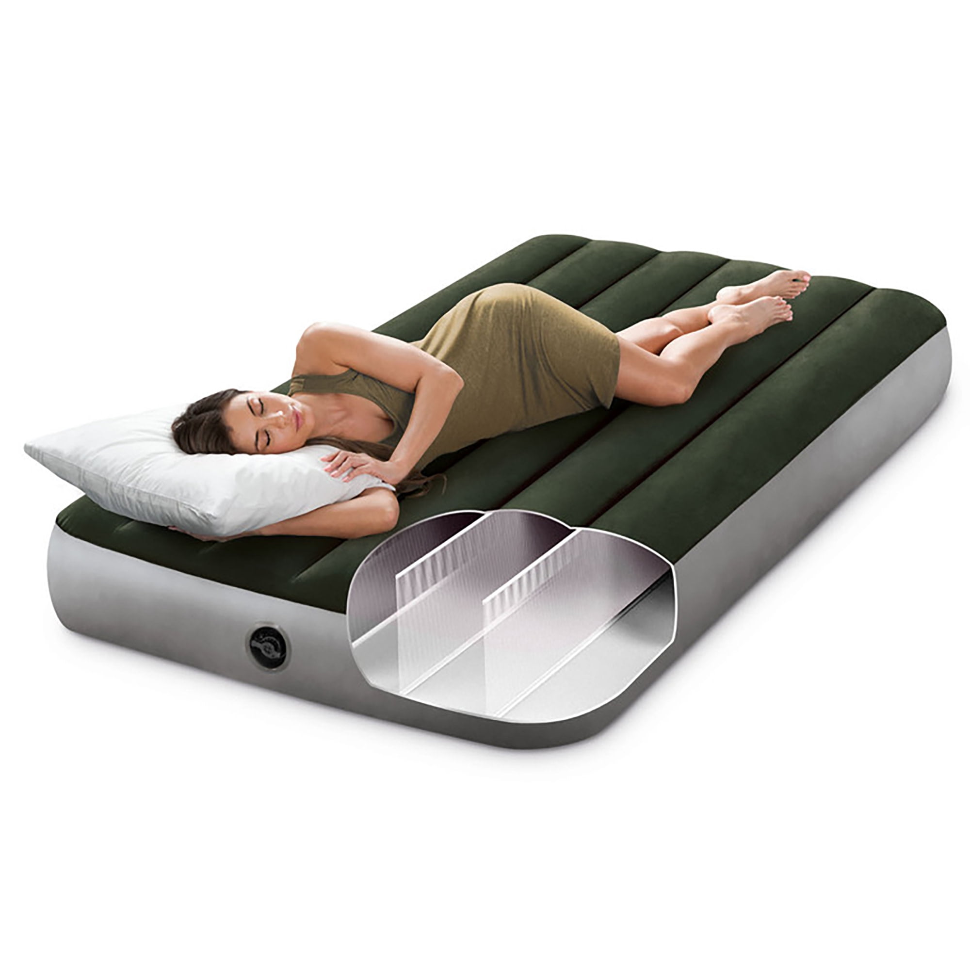 Intex: Dura-Beam: Downy Airbed - Twin - Green, 10" Inflatable Mattress, Built-In Foot Pump, Fiber-Tech, Carry Bag, Indoor-Outdoor, 300lb Cap, 64761E