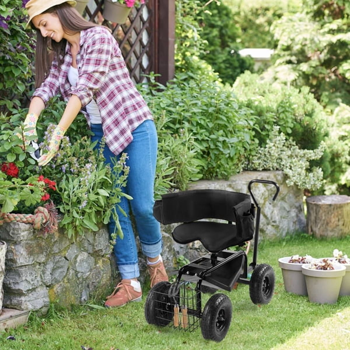 Rolling Garden Cart with Cushioned Backrest & Seat, Outdoor Gardening Stool for Planting, Garden Scooter with 360 Degree Swivel Seat & Steering Handle & Tool Tray, Black