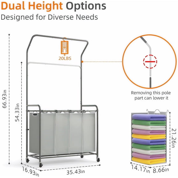 Rolling Laundry Basket Organizer with Hanging Clothes Rack