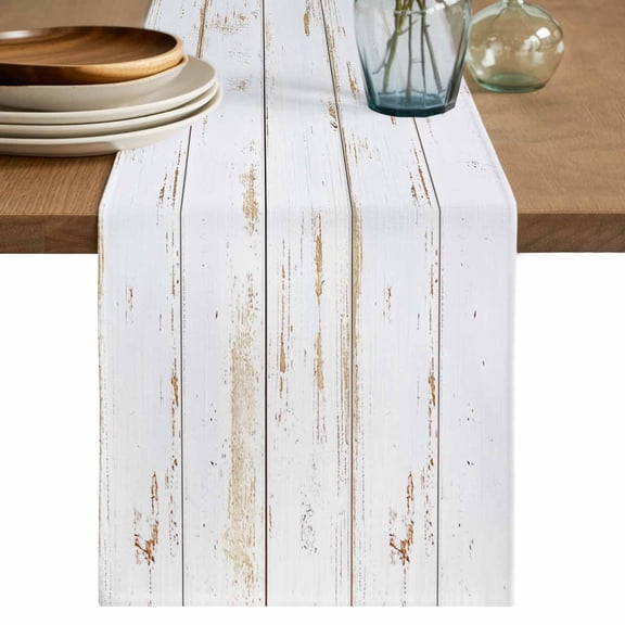 Table Runner 72 Inches Long for Kitchen Dining, White Wooden Plank Dresser Scarf Farmhouse, Dining Table Decorations for Wedding/Parties, Country Vintage Farmhouse Wood Grain 18 x 72 In