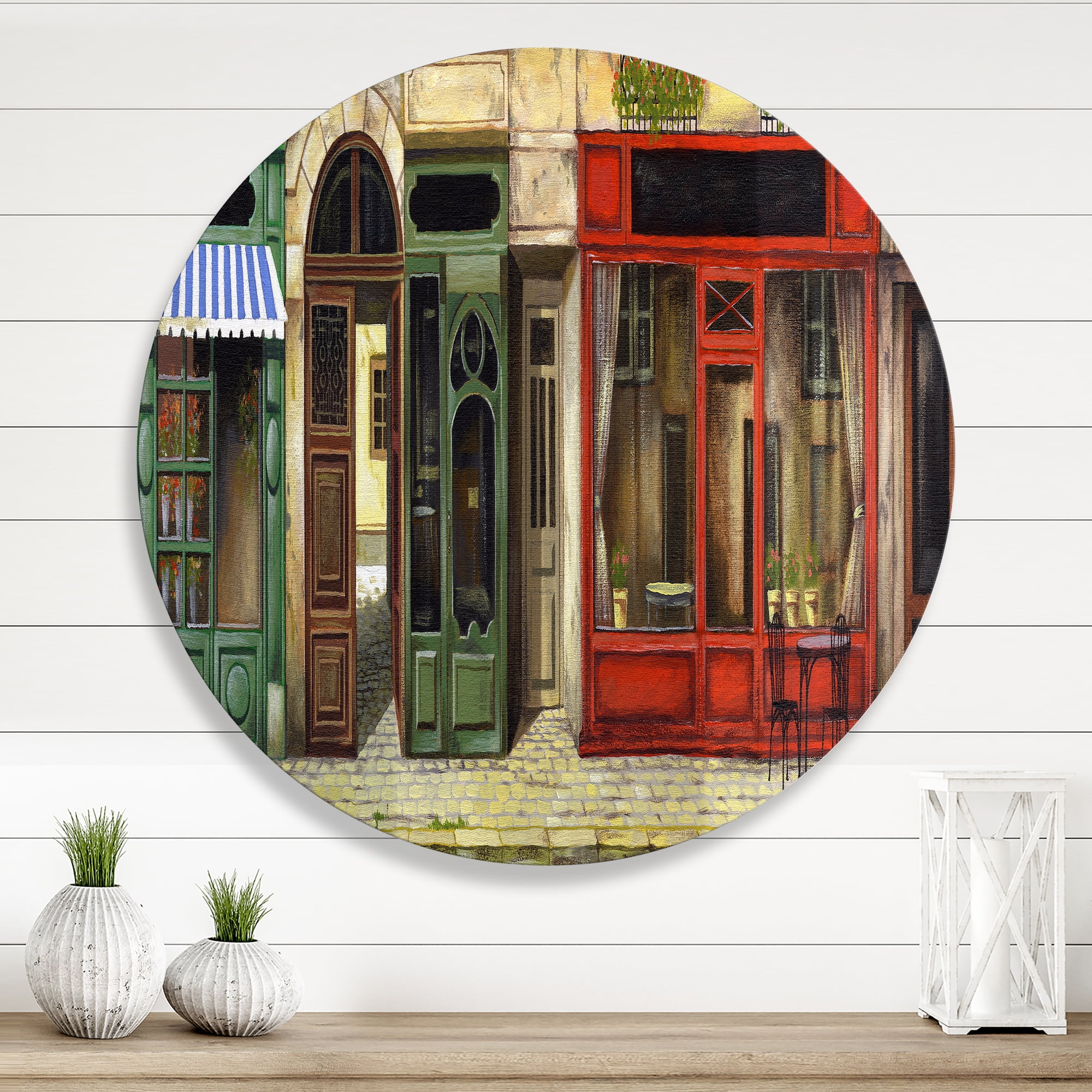Designart 'Red Facade of Charming Shop In Paris Street II' French Country Circle Metal Wall Art 11x11 - Disc of 11
