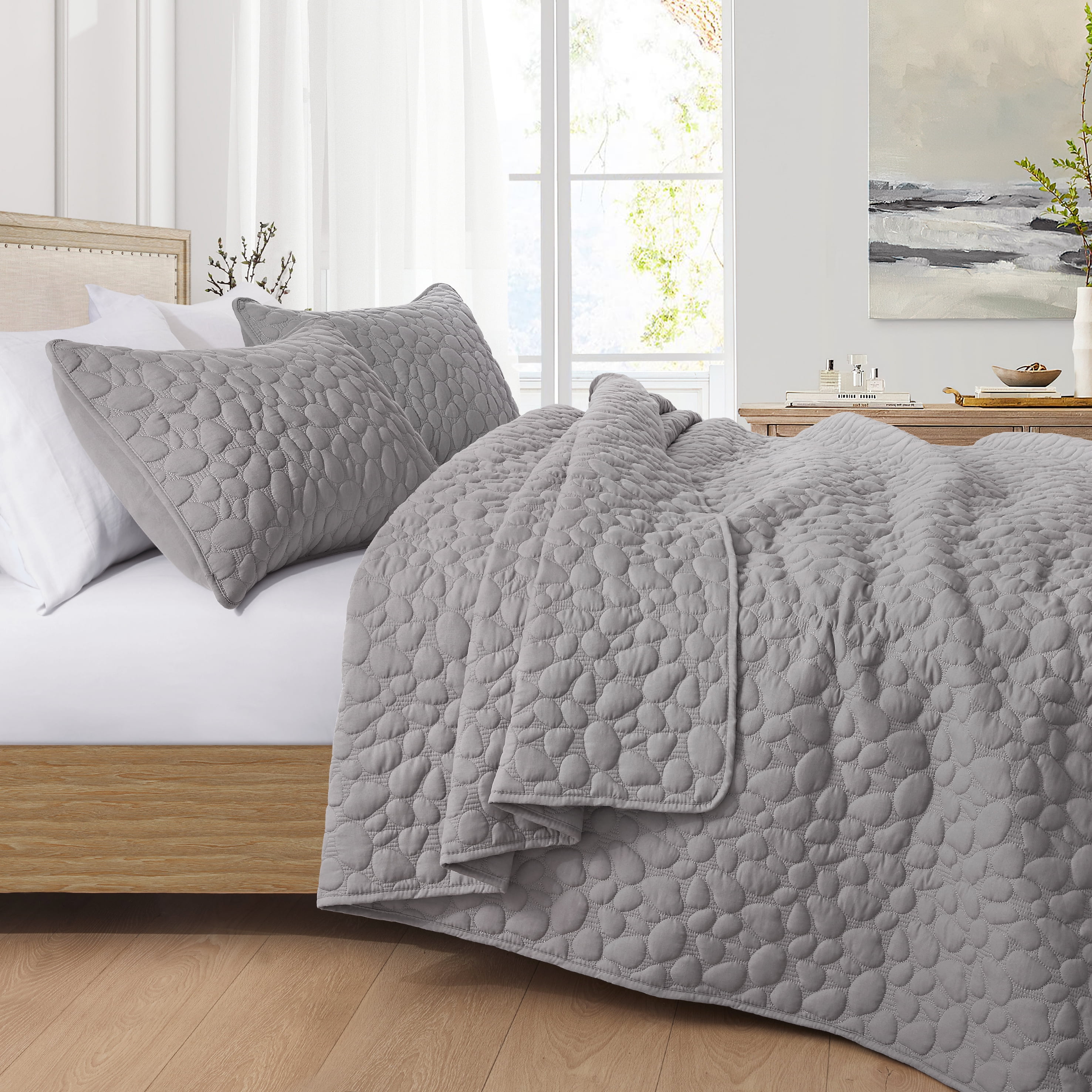Bonlino Quilt Bedding Set Queen Size - Lightweight Quilt Set Summer Farmhouse Grey, Soft Bedding Bedspread Coverlet Modern Quilt with 2 Pillow Shams for Bedroom Home Bed All Season (Queen, Grey)