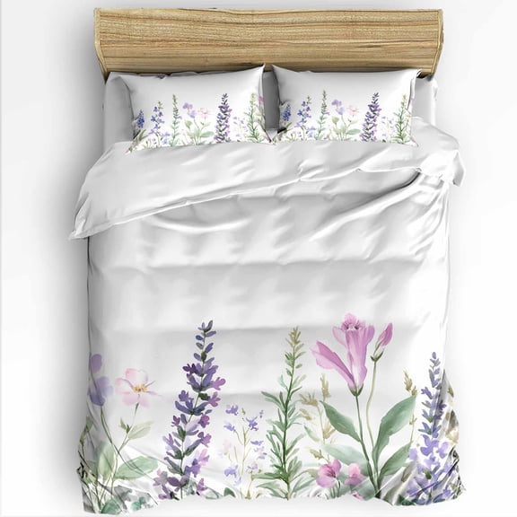Spring Lavender King Size Comforter Set, Idyllic Watercolor Purple Flowers Soft Bedding for All Seasons, 4 Pcs Bed Set with 1Comforter (90"x106") ,1 Sheet(94"x116"), 2 Pillowcases (19"x35")