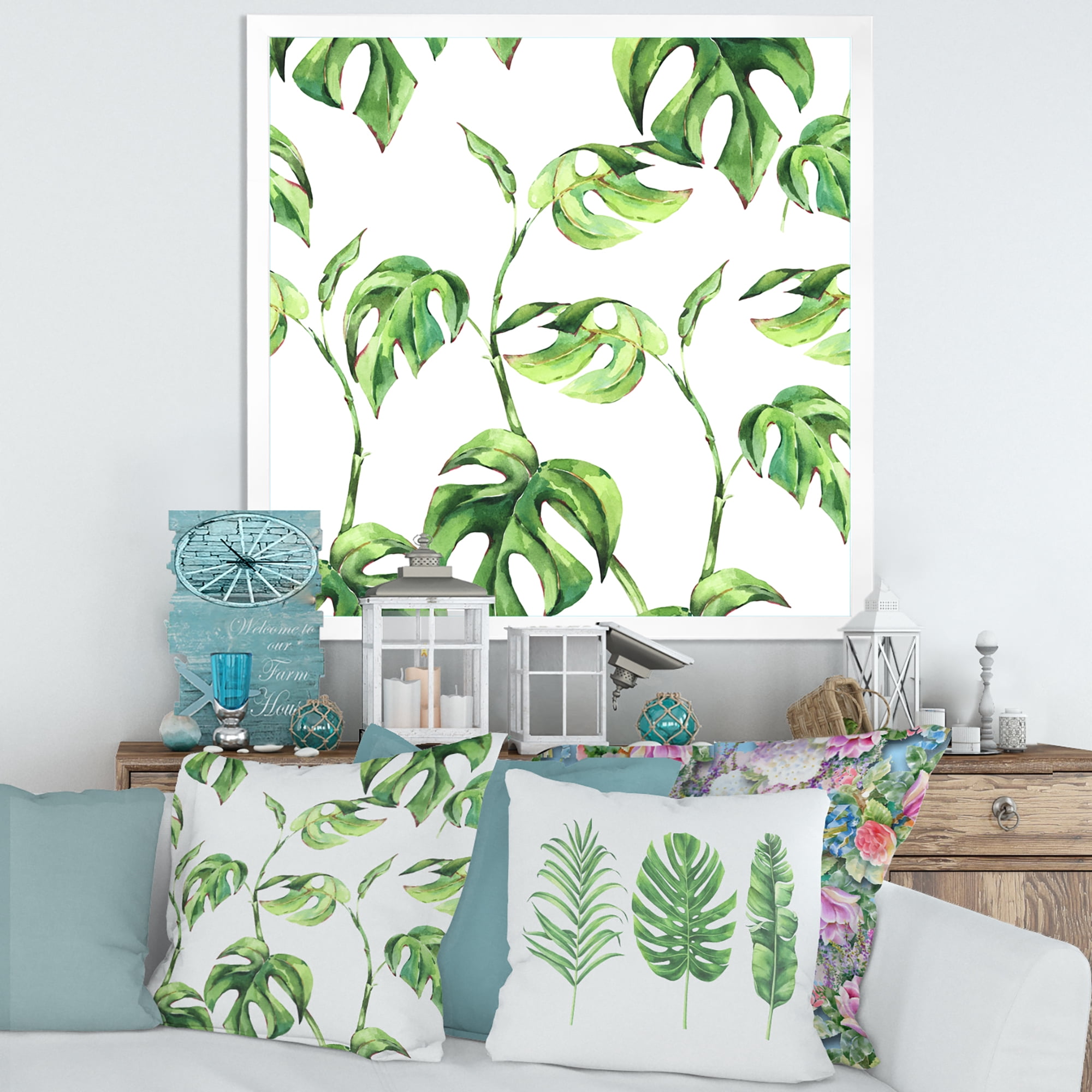 Designart 'Ancient Floral Tropical Leaves II' Tropical Framed Art Print