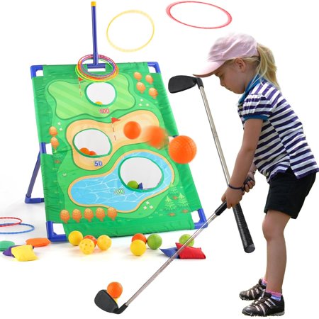 Kids Sport Toys Golf Chipping Game Toys Cornhole Game Ring Toss Game-3 Set in 1 Game Kit with Chipping Mat and Stand for Adults Kids Golf Training Equipment Chip Sticky Practice Indoor Outdoor