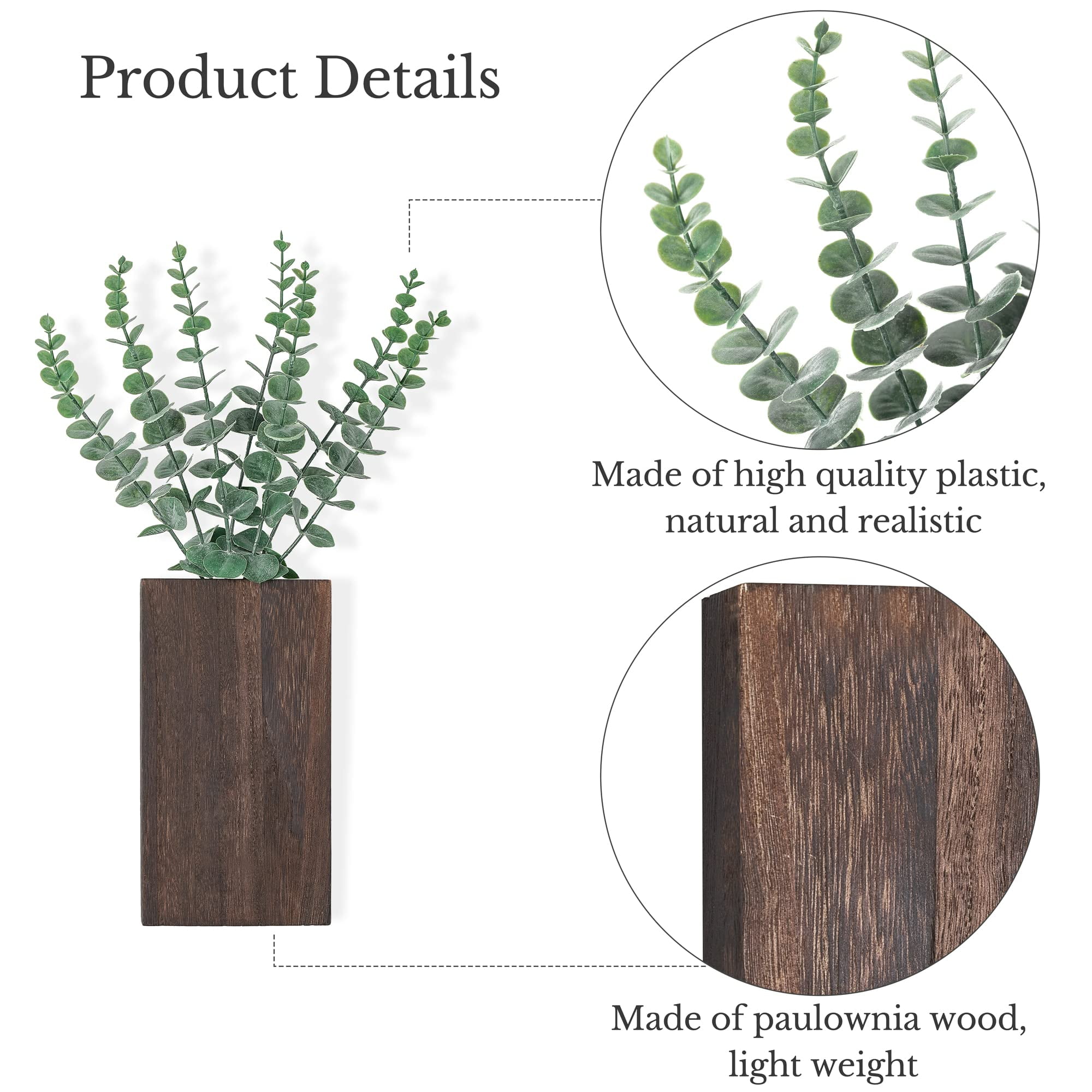 2 Pack Wood Wall Planter Vase with Artificial Eucalyptus Farmhouse Wall Hanging Decor Pocket Planter for Indoor Fake Plants Greenery Flowers, Livingroom Bedroom Kitchen Home Office Decoration, Brown