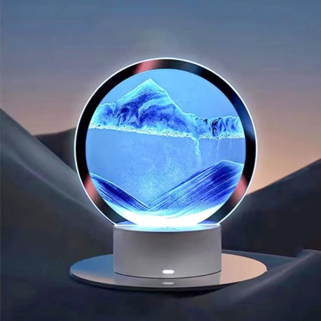 ERDS-Moving Sand Art Liquid Motion, With Light (7 Color/Touch Control), Round Glass Quicksand Painting, 3D Flow Sand Art Picture - Relaxing Sensory Desktops Decoration for Home & Office (Blue Sand)