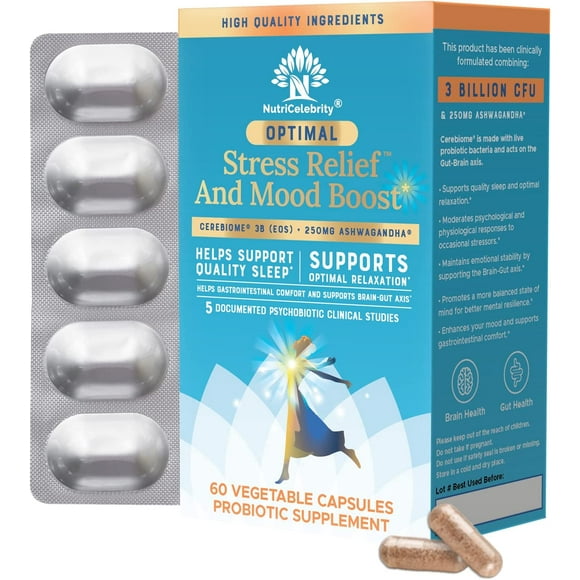 Nutricelebrity Optimal Stress Relief and Mood Boost, Cerebiome 3B CFU + 250mg Ashwagandha Dietary Supplement