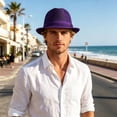 thumbnail image 2 of SGMVNU Fedora Hat for Men Breathable Mesh Wide Brim Lightweight Crushable Straw Sun Hats Beach Vacation, Purple, One Size, 2 of 5